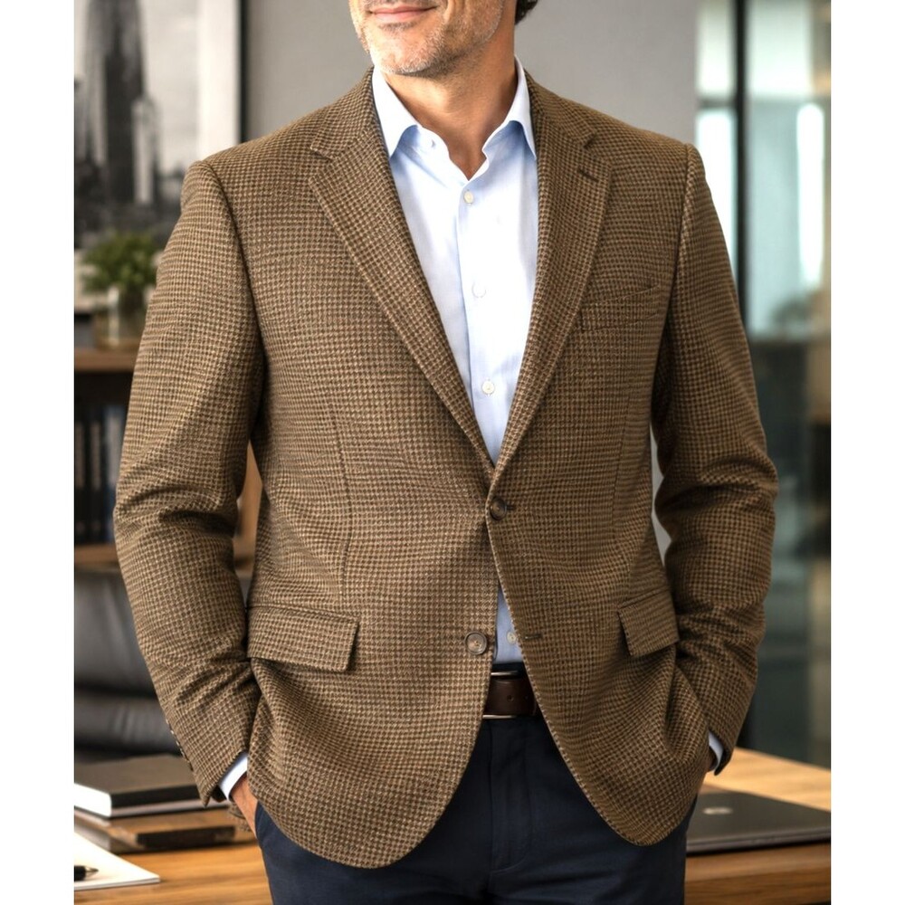 JOS A BANK Blazer 42 R Houndstooth Jacket Sport Coat 100% Wool Brown
